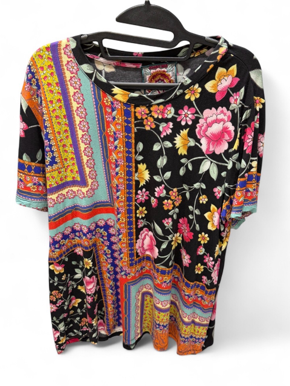 Johnny Was Floral Patchwork Short Sleeve Top - Black/Multi